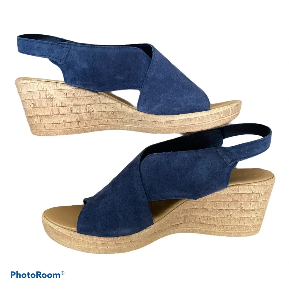 MILA PAOLI Navy Suede Leather Platform Wedge Sandals Crisscross Slingback 10